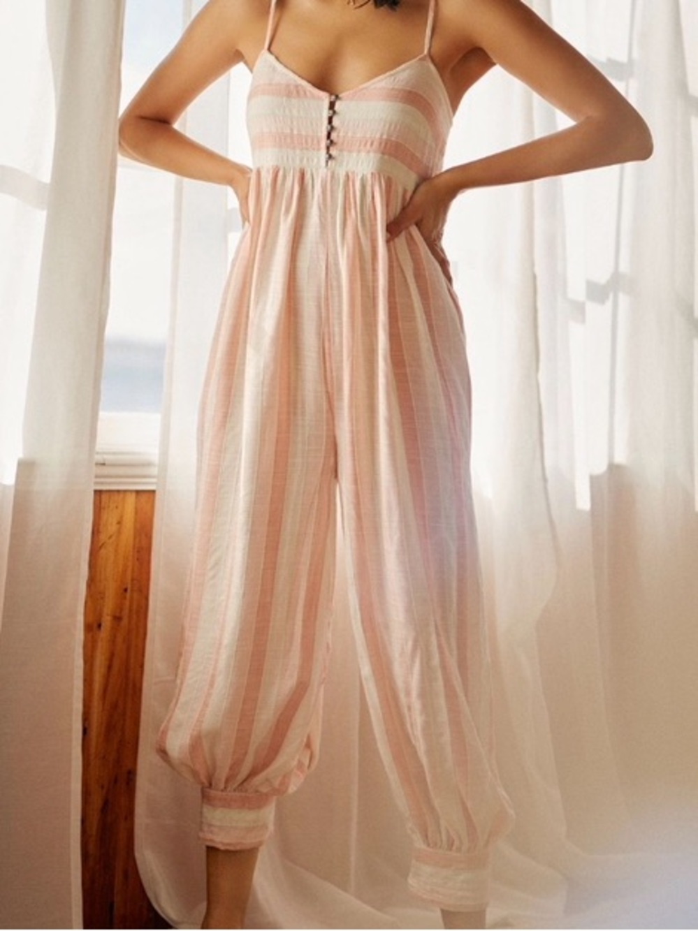 NEW XXS Anthropologie Button-Front Jumpsuit Balloon Lounge Pants Pink Stripe NWT